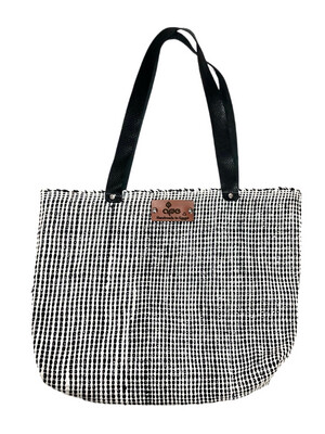 Woven Bag- Fabric With Video Tapes - Leather Handel / 30*45 cm / شنطة من قماش منسوج مع شرائط الڤيديو - بيد جلد