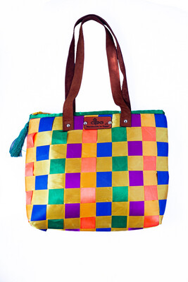 Ribbons Bag With Leather Handel / 40*40 cm / شنطة من الشرائط بيد جلد طبيعي