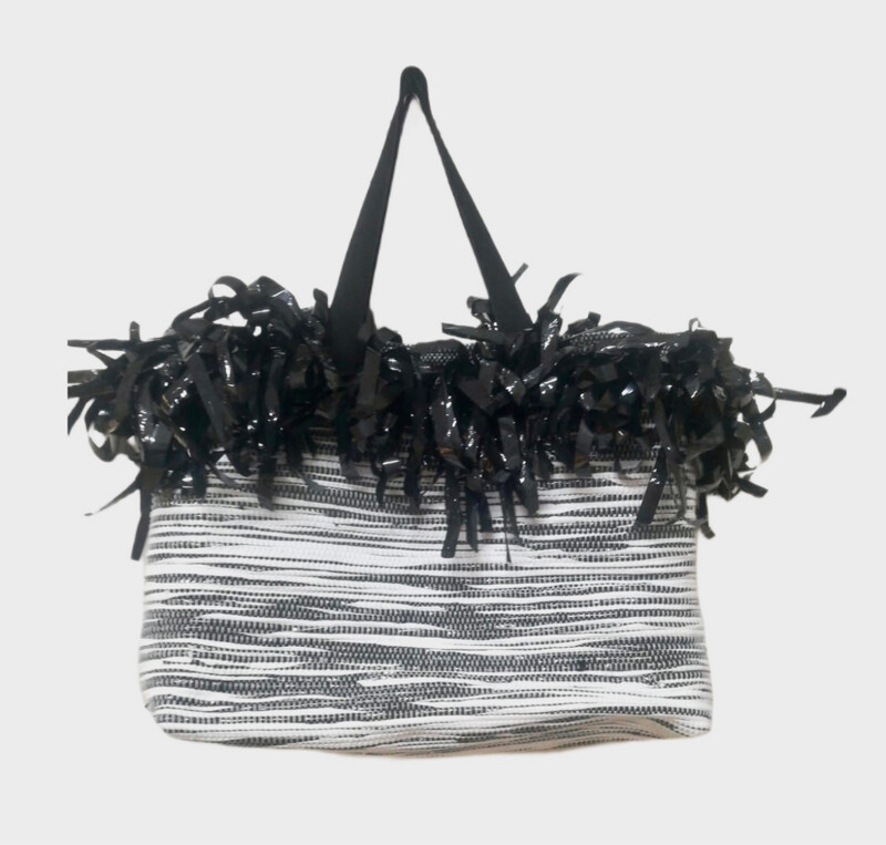 Woven Bag- Fabric With Video Tapes With Fringe / 45*45 cm / شنطة بشراشيب من قماش منسوج مع شرائط الڤيديو