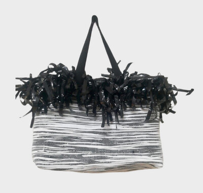 Woven Bag- Fabric With Video Tapes With Fringe / 45*45 cm / شنطة بشراشيب من قماش منسوج مع شرائط الڤيديو