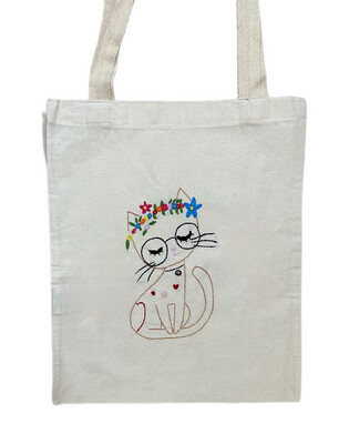 Embroidered Bag - Cat With Flowers / 38 × 47 cm / شنطة تطريز - قطة بورد