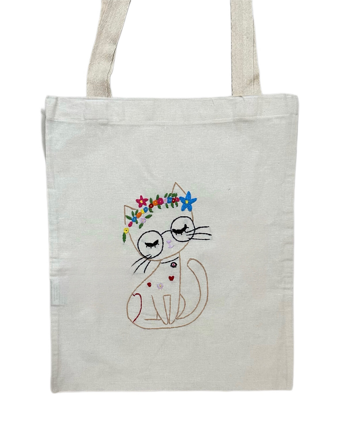 Embroidered Bag - Cat With Flowers / 38 × 47 cm / شنطة تطريز - قطة بورد