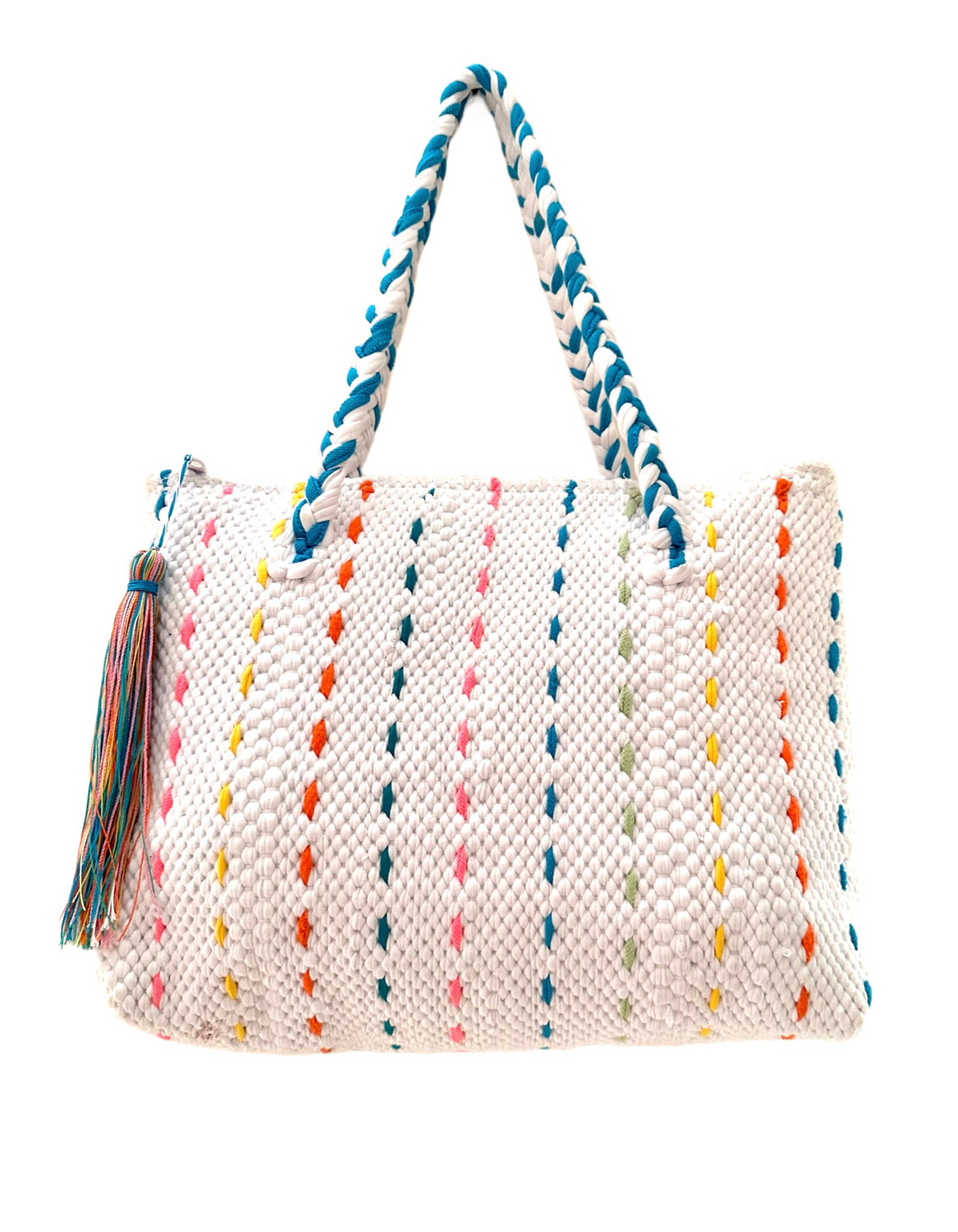 Woven Tote Bag With Colored Ribbons / 32*40 cm / شنطة نسيج بشرائط ملونة