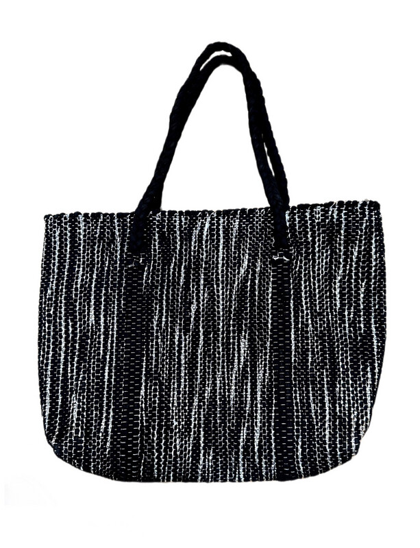 Fabric Woven Lined Bag With Silver Ribbon / 40*50 cm / شنطة نسيج قماش مع شرائط فضية مبطنة