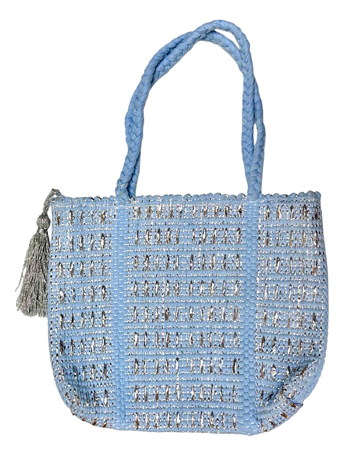Woven Tote Bag With Golden or Silver Ribbons ( Large Stitches ) / 32*40 cm / شنطة نسيج بشرائط ذهبية او فضية ( غرزة عريضة )