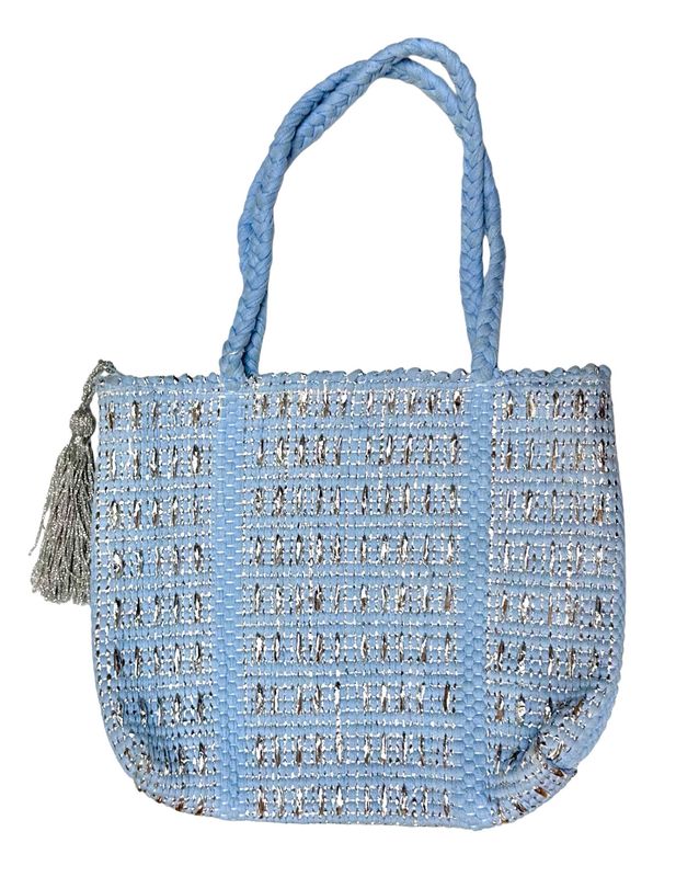 Woven Tote Bag With Golden or Silver Ribbons ( Large Stitches ) / 32*40 cm / شنطة نسيج بشرائط ذهبية او فضية ( غرزة عريضة )