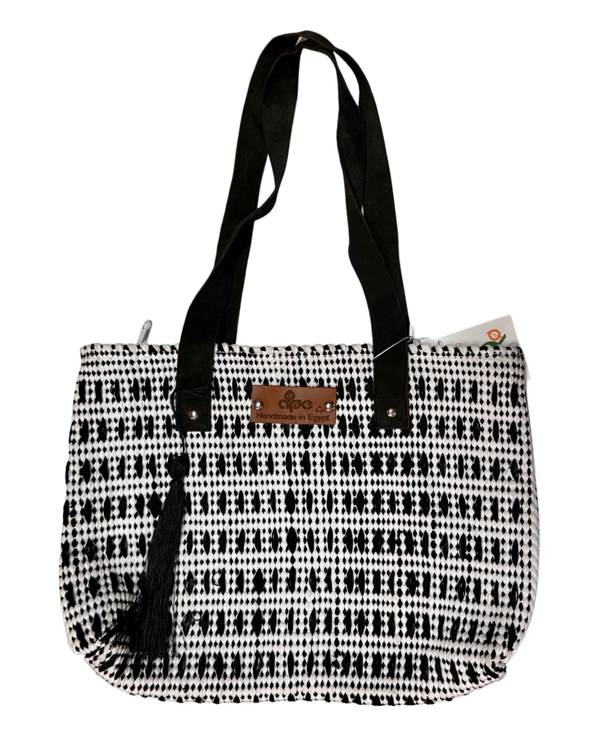 Woven Bag- Fabric With Video Tapes ( Large Stitches) - Leather Handel / 30*45 cm / شنطة من قماش منسوج مع شرائط الڤيديو ( غرزة عريضة ) - بيد جلد