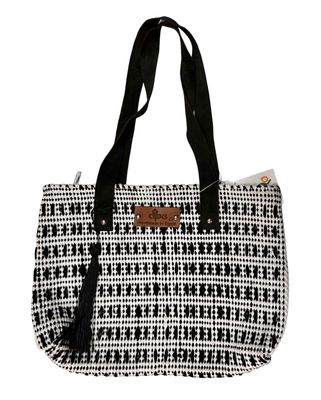 Woven Bag- Fabric With Video Tapes ( Large Stitches) - Leather Handel / 30*45 cm / شنطة من قماش منسوج مع شرائط الڤيديو ( غرزة عريضة ) - بيد جلد