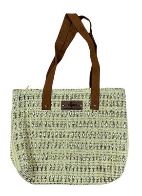 Woven Bag- Fabric With Gifts Ribbons ( Silver - Large Stitches )- Leather Handle / 30*45 cm / شنطة من قماش منسوج مع شرائط الهدايا ( فضي - غرزة عريضة ) بيد جلد
