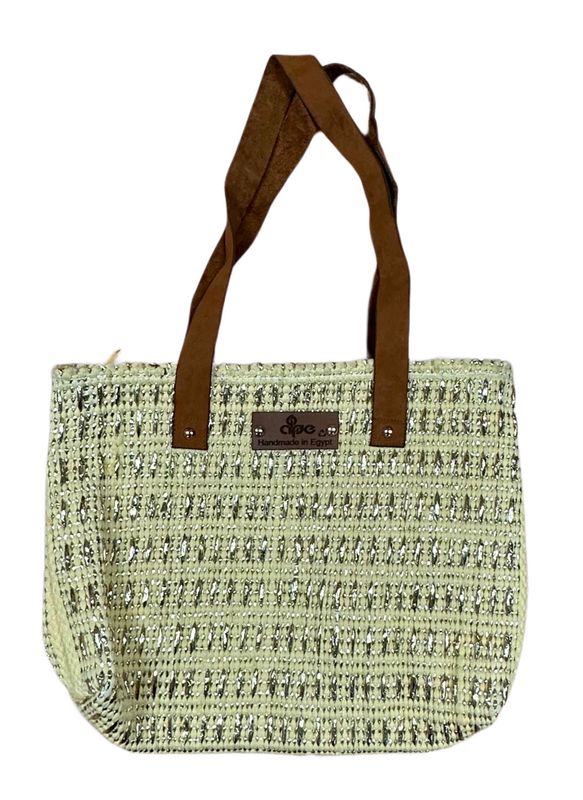 Woven Bag- Fabric With Gifts Ribbons ( Silver - Large Stitches )- Leather Handle / 30*45 cm / شنطة من قماش منسوج مع شرائط الهدايا ( فضي - غرزة عريضة ) بيد جلد