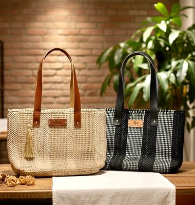 Woven Tote Bag With Golden or Silver Ribbons or VHS Tapes - Leather Handle / 35*40 cm / - شنطة نسيج بشرائط ذهبية او فضية او شرائط الڤيديو - بيد جلد Woven Tote Bag With Golden or Silver Ribbons or VHS Tapes - Leather Handle / 35*40 cm / - شنطة نسيج بشرائط ذهبية او فضية او شرائط الڤيديو - بيد جلد