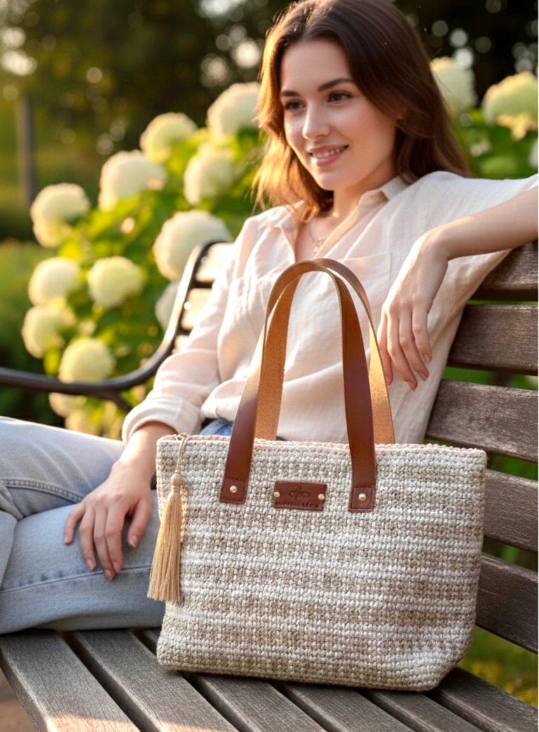 Woven Bag- Fabric With Gifts Ribbons ( Silver - Large Stitches )- Leather Handle / 30*45 cm / شنطة من قماش منسوج مع شرائط الهدايا ( فضي - غرزة عريضة ) بيد جلد