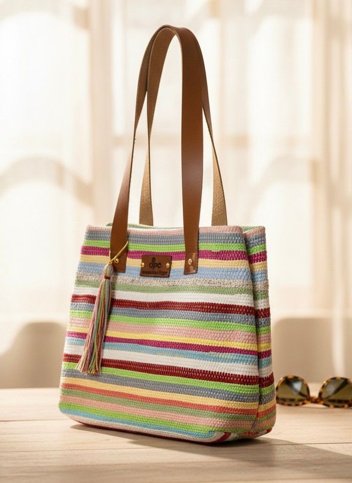 Woven Bag With Leather Handel / 35*35 cm / شنطة نسيج بيد جلد