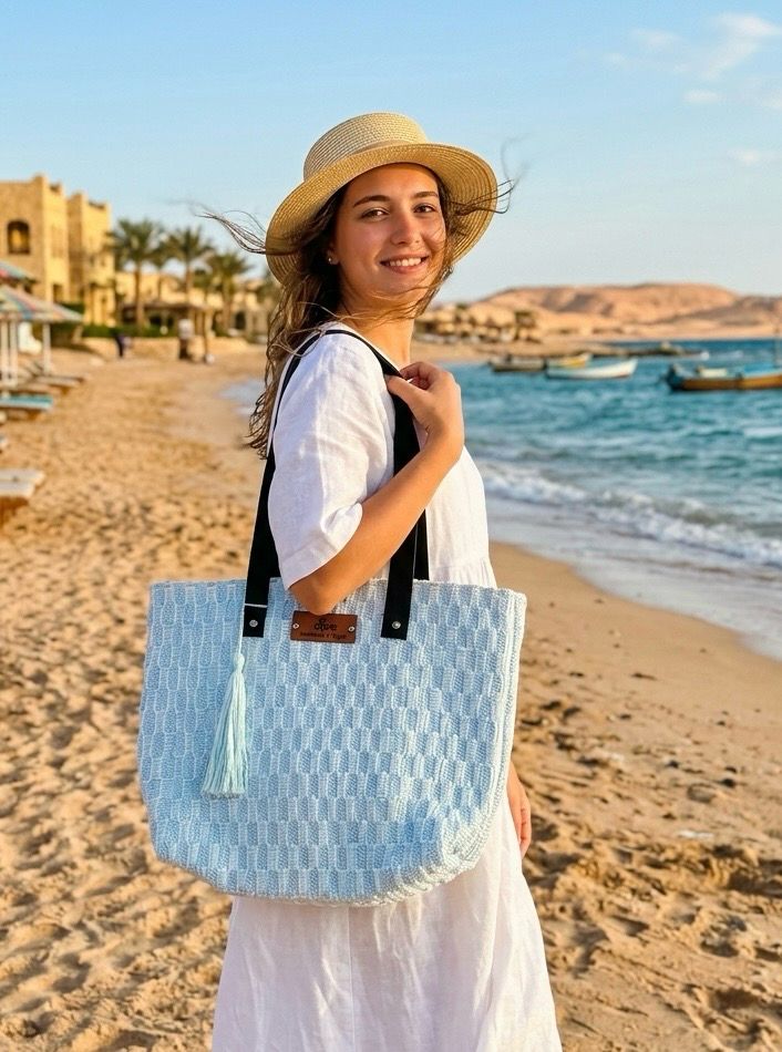 Woven Bag ( Mushroom Weaves) - Leather Handle / 35*45 cm /شنطة نسيج ( غرزة عش الغراب ) بيد جلد