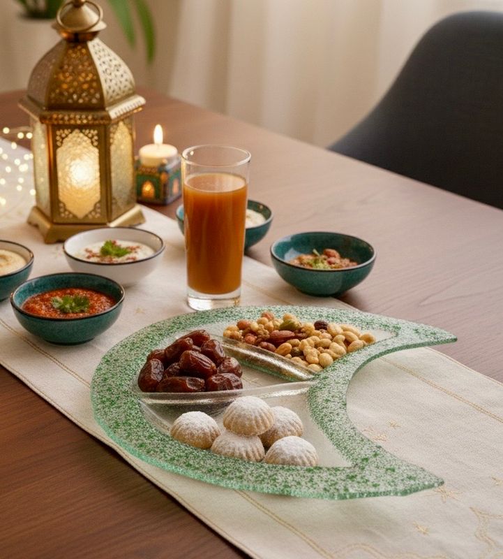 Glass Crescent Plate - 3 Parts - Green / 28*45 cm / طبق هلال من الزجاج - ٣ اجزاء - اخضر