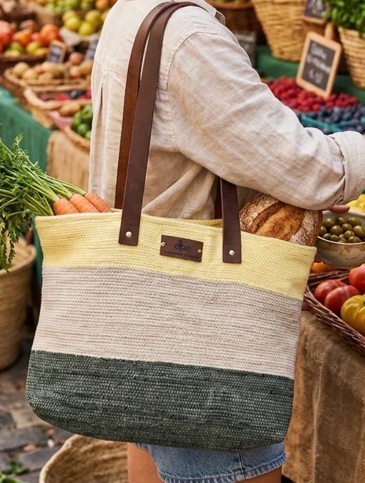 Woven Bag With Leather Handel / 35*45 cm / شنطة نسيج بيد جلد