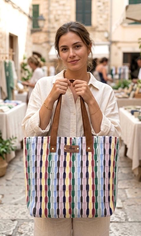 Woven Bag ( Mushroom Weaves) Leather Handle / 40*40 cm /شنطة نسيج ( غرزة عش الغراب ) بيد جلد