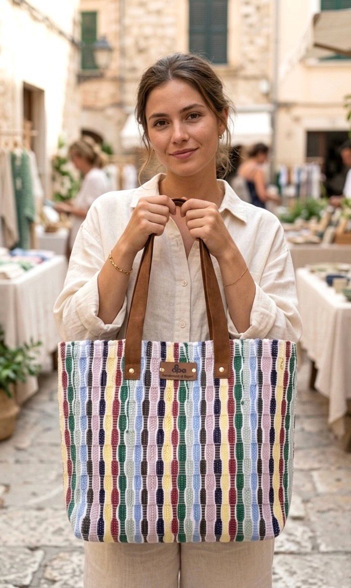 Woven Bag ( Mushroom Weaves) Leather Handle / 40*40 cm /شنطة نسيج ( غرزة عش الغراب ) بيد جلد