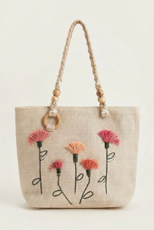 Woven Bag With Embroidered Flowers / 35*45 cm / شنطة نسيج بورد مطرز