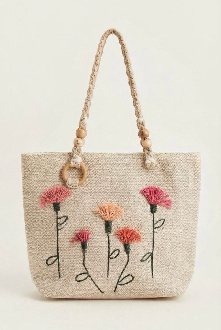 Woven Bag With Embroidered Flowers / 35*45 cm / شنطة نسيج بورد مطرز
