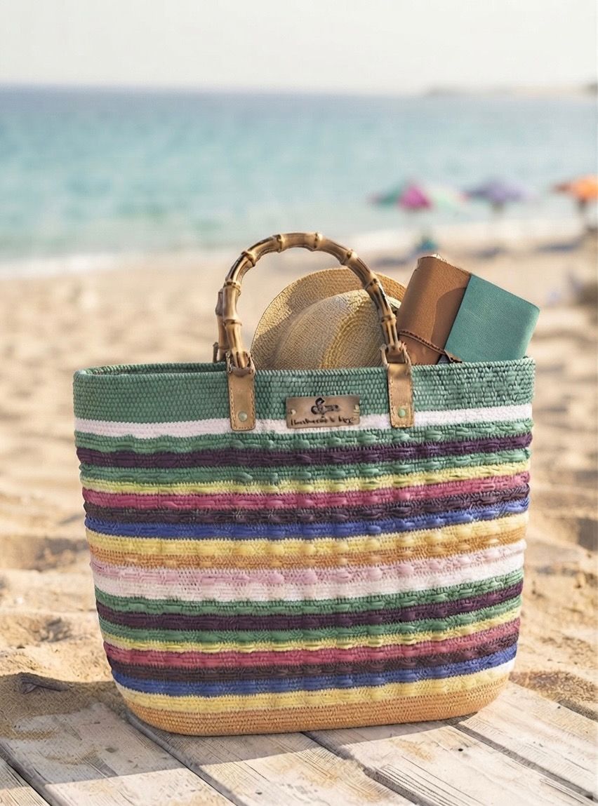 Woven Colored Bag With Inner Stitches - Bamboo Handel / 35*45 cm / شنطة نسيج ملونة بغرز داخلية - يد بامبو