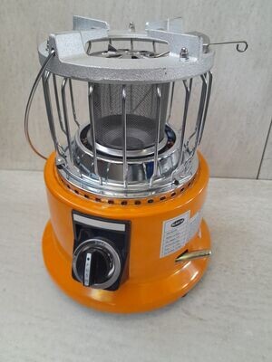 Orange Gas Heater with Stove on Top