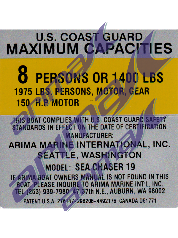 Arima Load Capacity Decal, Boat Model: Sea Chaser 19