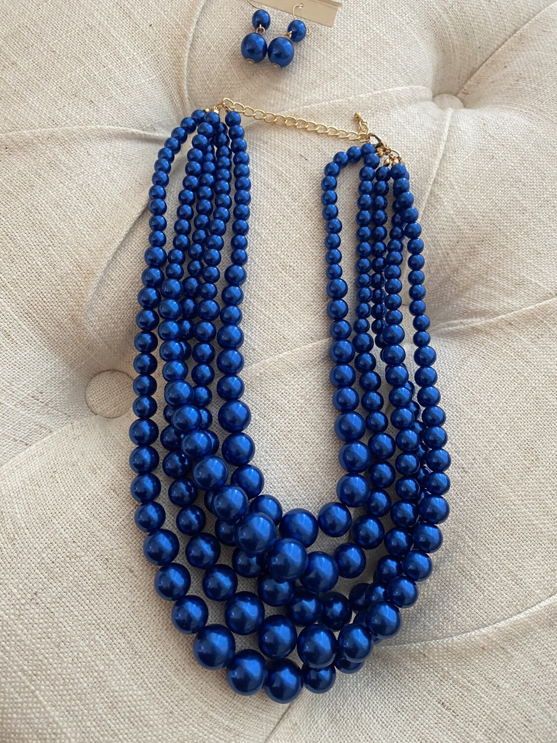 Royal Blue Five Row Pearl Strand Necklace Set