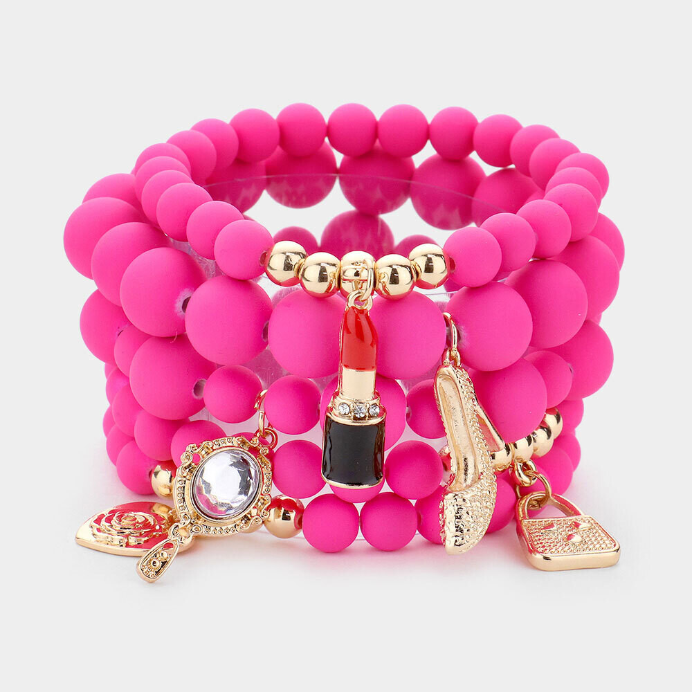 Stacked Beaded Charm Bracelets | Jewelry | Unique Gifts | Trendy Accessories | Beauty Swag | Hot Pink