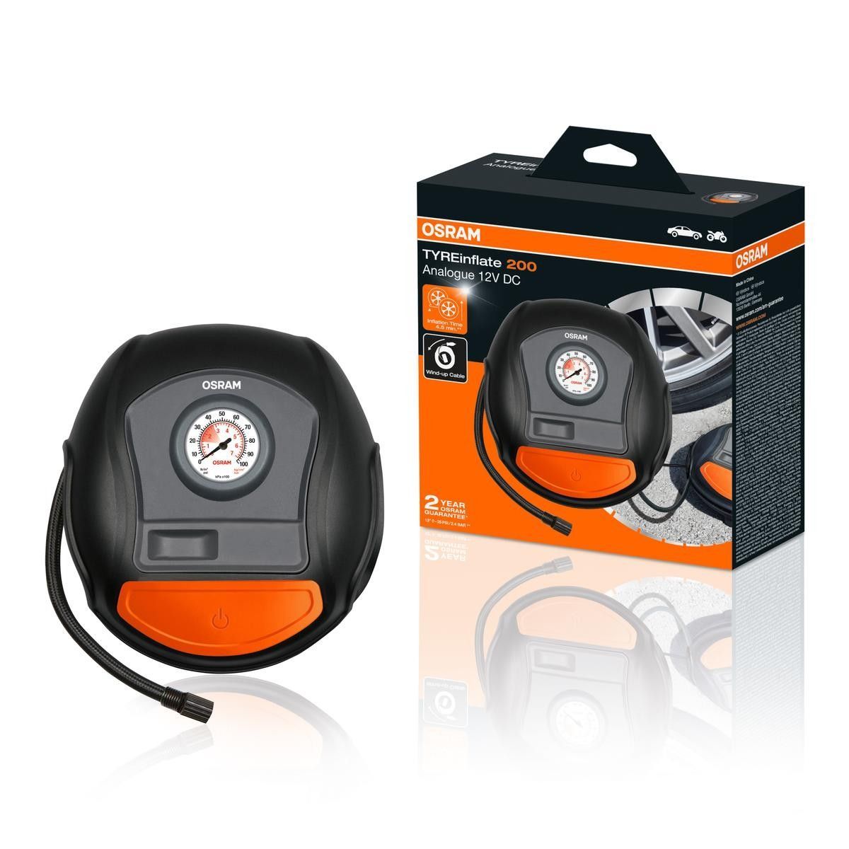 OSRAM Analogue Fast Tyre Inflator C/W 12V Cable with Plug  TYREinflate 200 OTI200