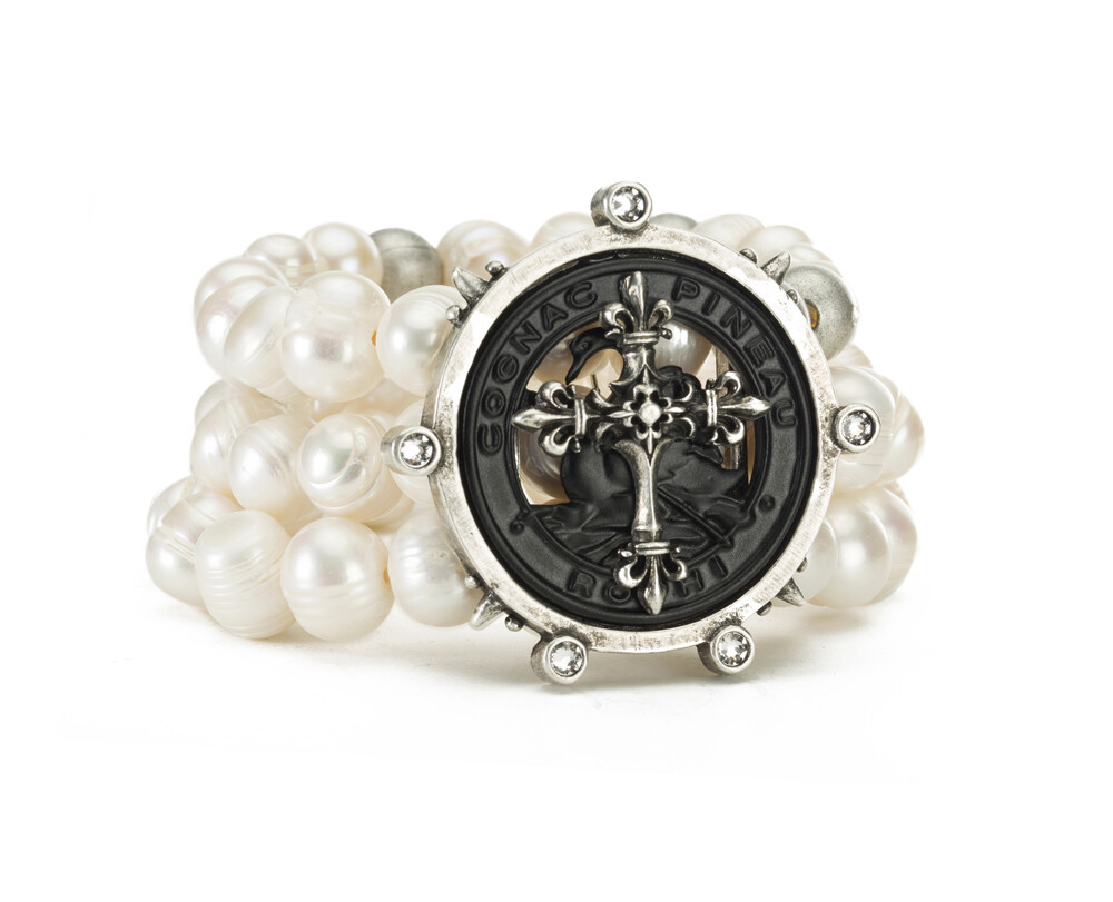 Triple Stranded Pearls & Metal Beads w/Pineau Cross Stack Medallion