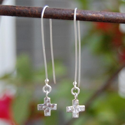 hammered sterling silver long cross earrings