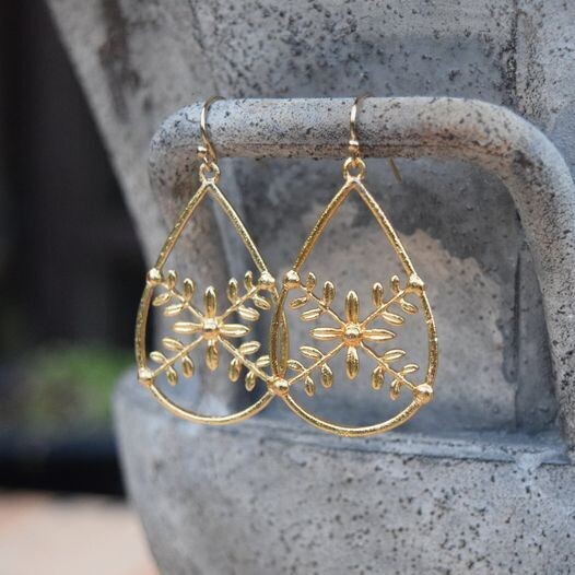 vintage gold flower teardrop hoop earrings