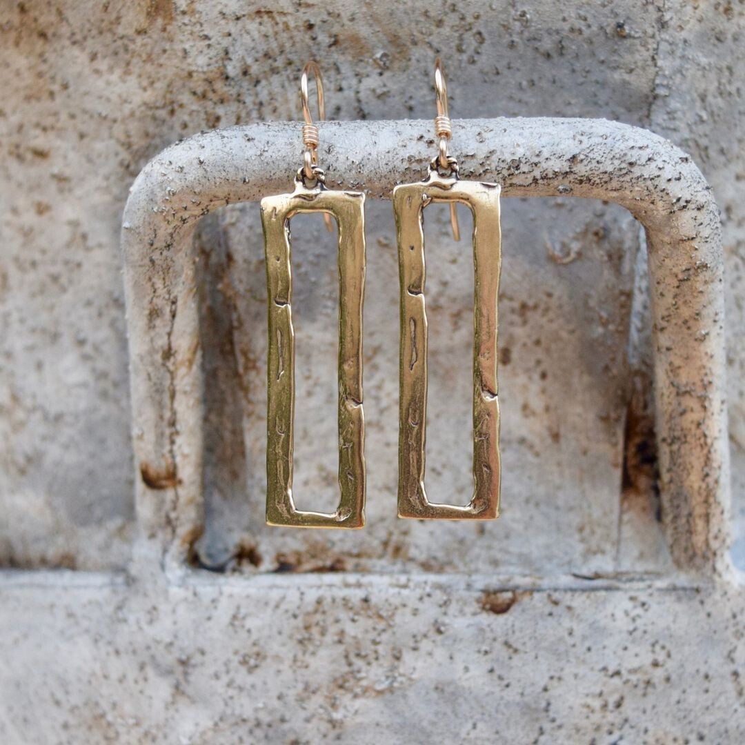 Artisan Rectangle Hoop Earrings- gold bronze