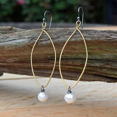 Gold Marquis Hoop & Fresh Water Pearl Earrings 