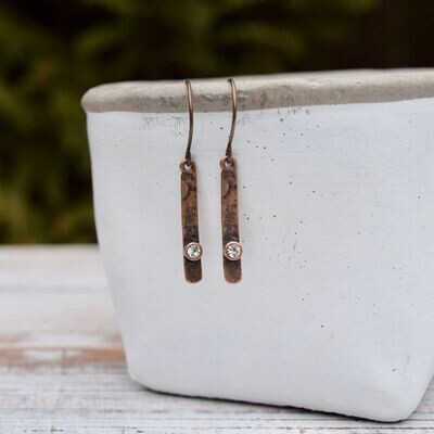 Hammered  Bar & Faceted Crystal Earrings- Copper