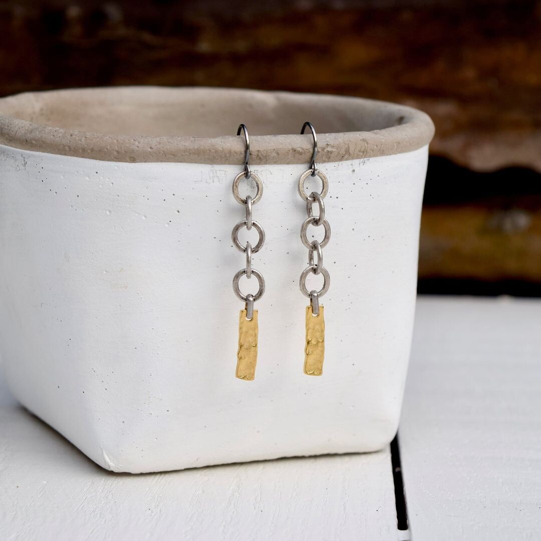 Antiqued Pewter Chain & Hammered Gold Bar Earrings