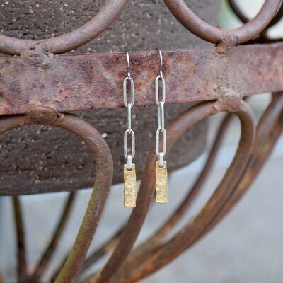 Oxidized Pewter Chain & Hammered Gold Bar Earrings
