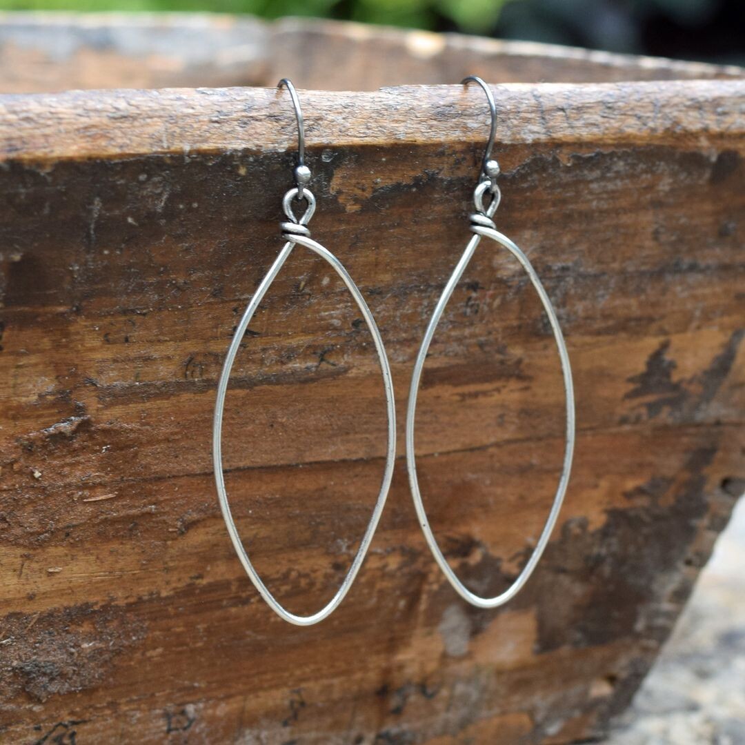 Wire Wrapped Marquis Hoop Earrings- Silver