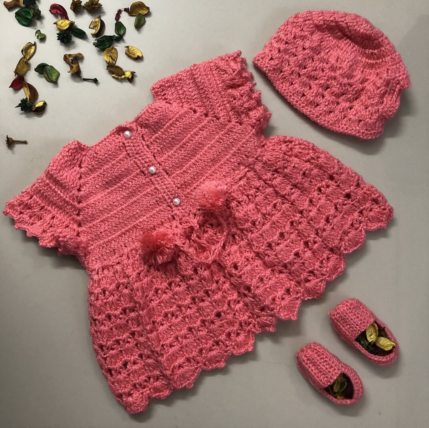 Pink Dress, Cap and Booties set