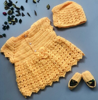 Yellow dress, cap and booties set Yellow dress, cap and booties set