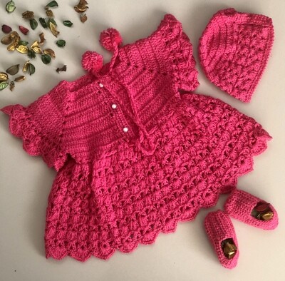 Bright pink dress, cap and booties set