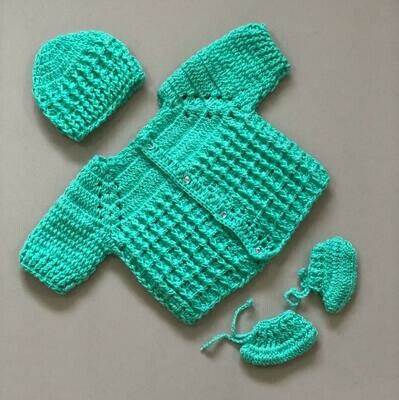 Sea Green Baby Sweater, cap and bootie set