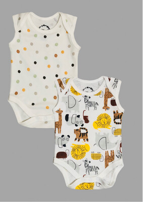 Sleeveless Onesie Combo - Zoo and Polka - Pack Of 2 (0- 12 Months)