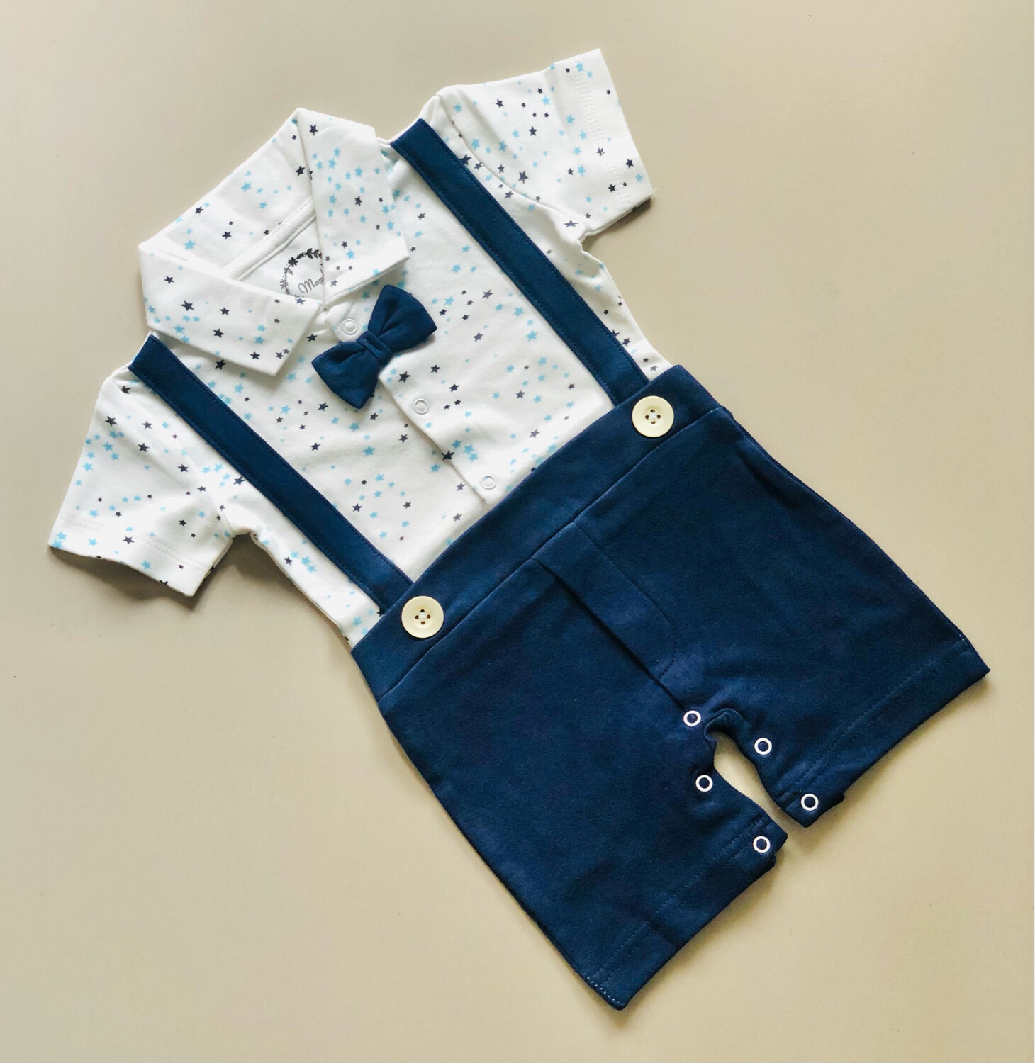 Dungaree- White Stars And Navy Blue (0- 12 Months)