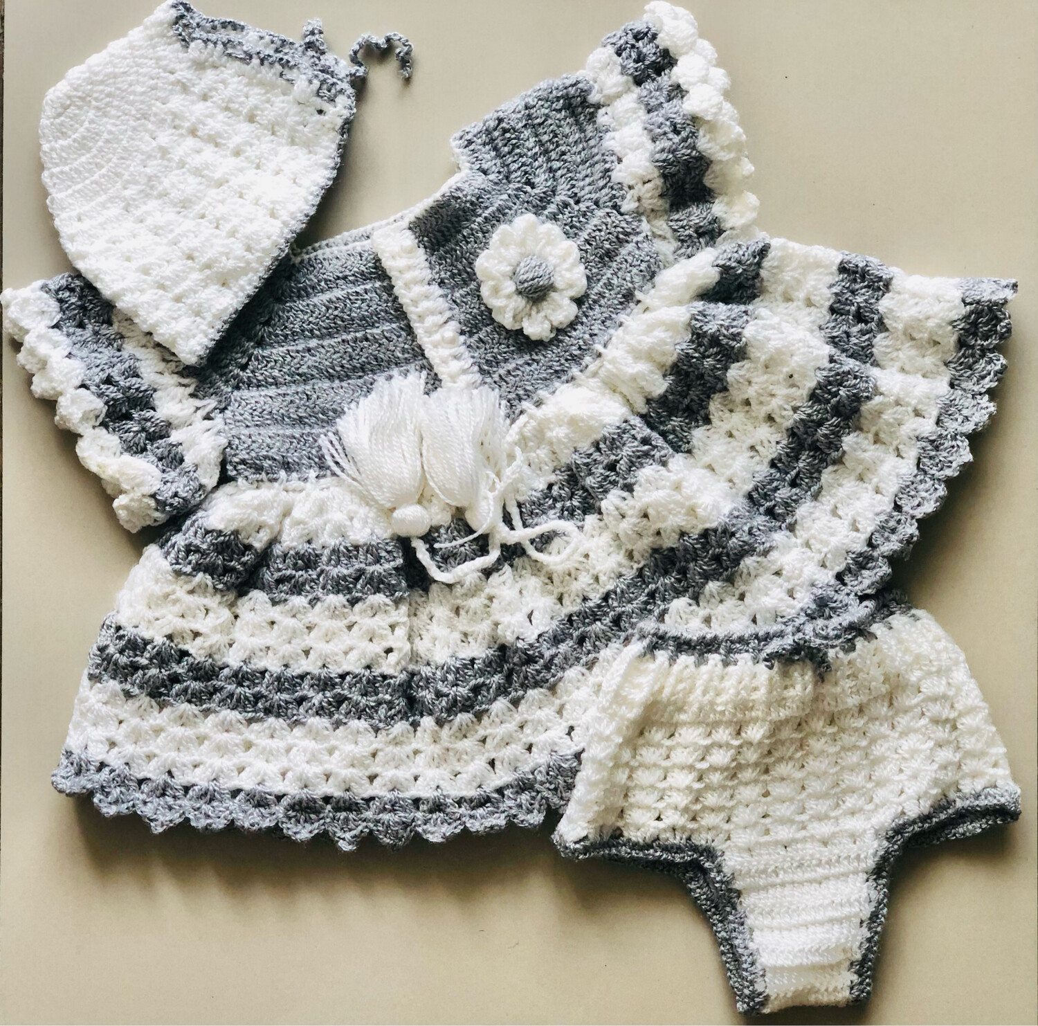 White And Grey Baby Dress, Booties And Cap Combo