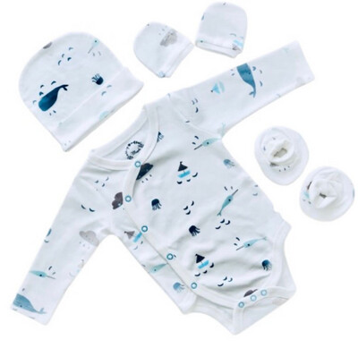 Baby Front open Onesie, Mittens, Booties And Cap Set (White, Fun In The Rain, 0-6 Months)