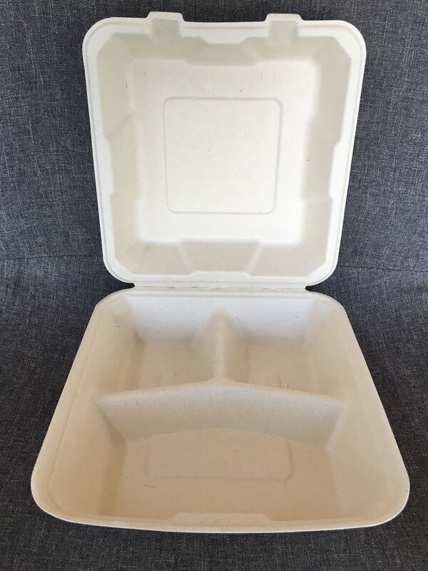 Caribe Compostables 3 Compartment 8 x 8 To Go Fiber Container 200 Units per case