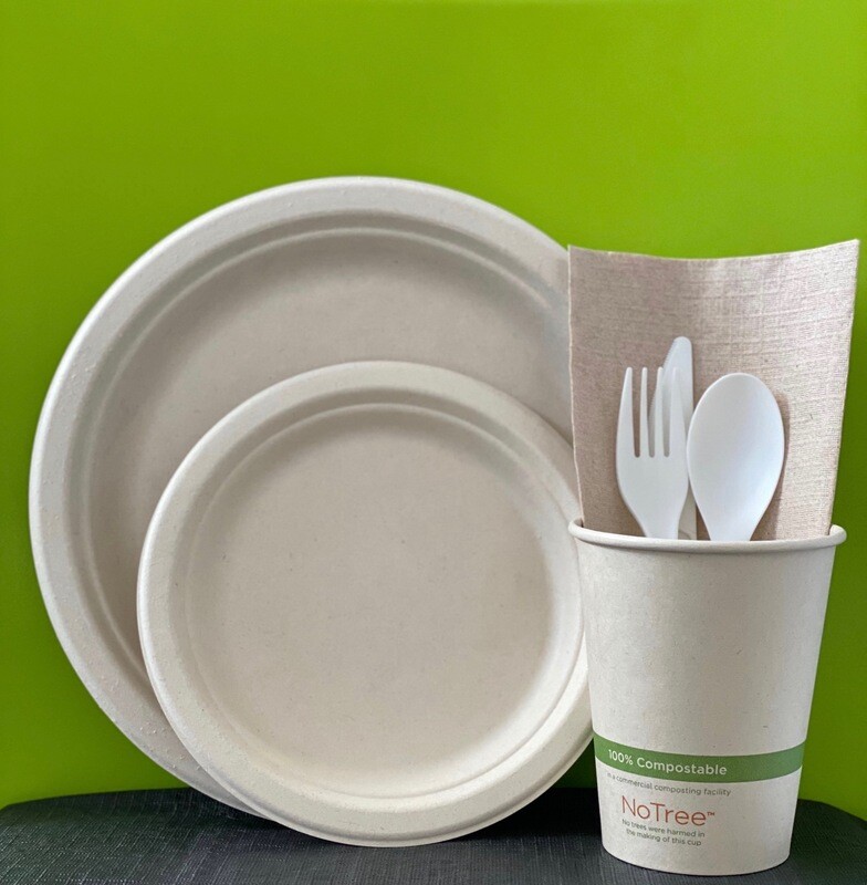 Caribe Compostables EcoKit (50 Units of Forks/50 Units of Knifes/50 Units of Spoons/50 Units of 7&#39; inch Fiber plates/50 Units of 10&quot; inch Fiber plates/50 Units of 12oz cups/160 Units of Dinner napkins