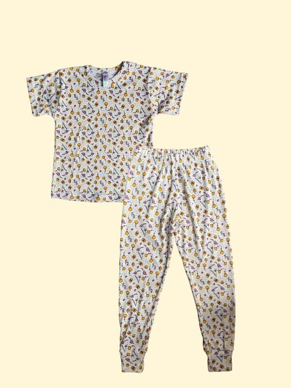 Pijama - WHITE RIBBED FLOWERS &amp; BUTTERFLIES -